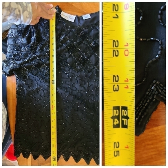 Laurence Kazar Silk Blouse Large Black‎ Lined Embellished Beaded Short Sleeve - Picture 10 of 12